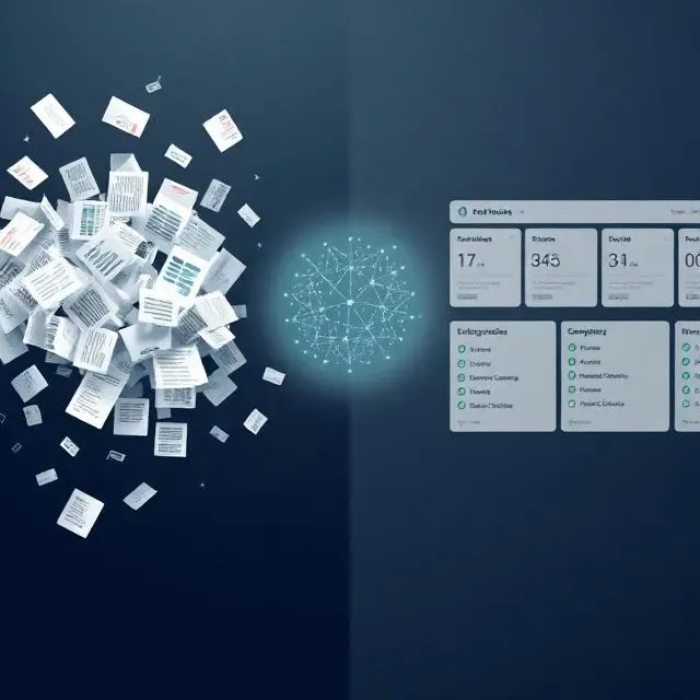 Pile of documents on left, organised inputs from the documents on the right